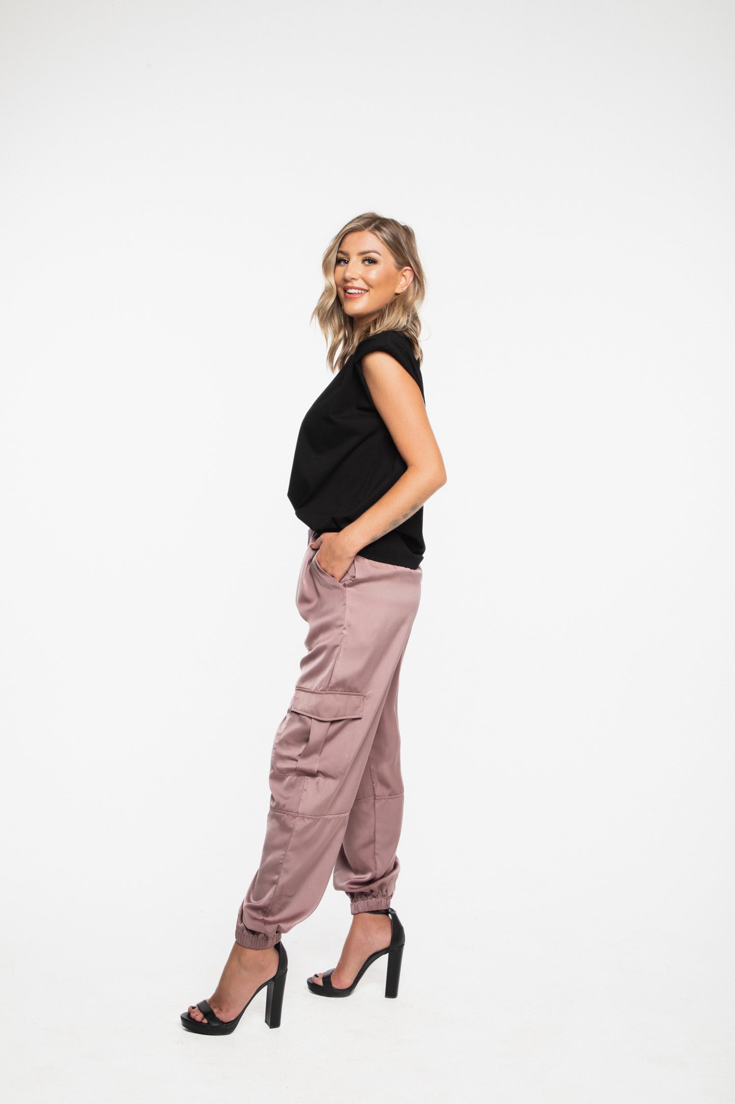 Rebel Satin Cargo Pant in Dusty Rose