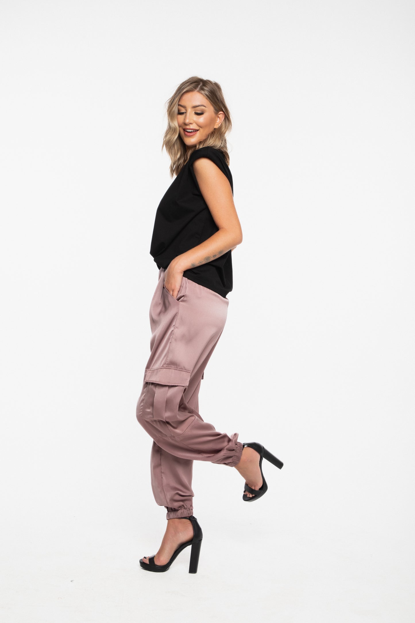 Rebel Satin Cargo Pant in Dusty Rose