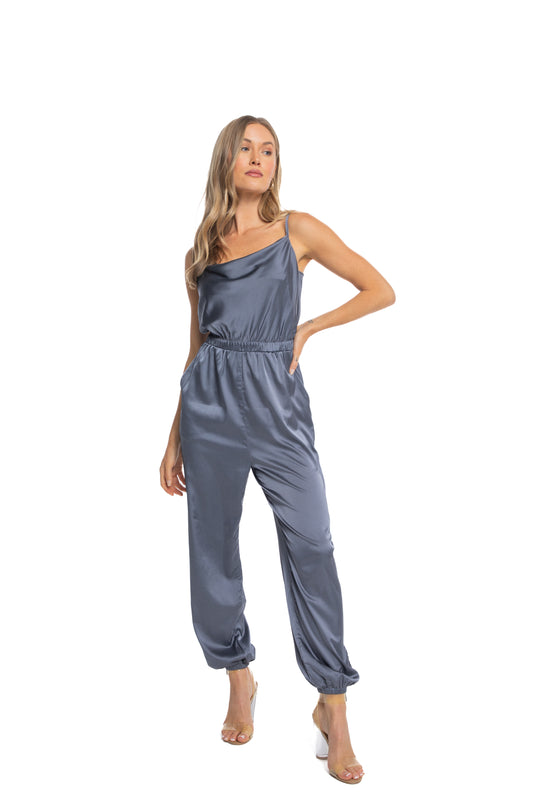 Gunmetal Satin Jogger Jumpsuit