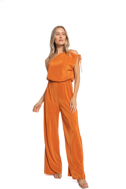 Zaria One Shoulder Drawstring Jumpsuit in Pleated Fabric