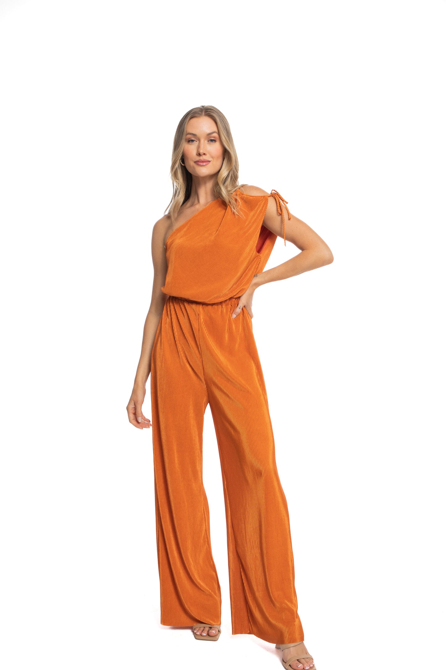 Zaria One Shoulder Drawstring Jumpsuit in Pleated Fabric