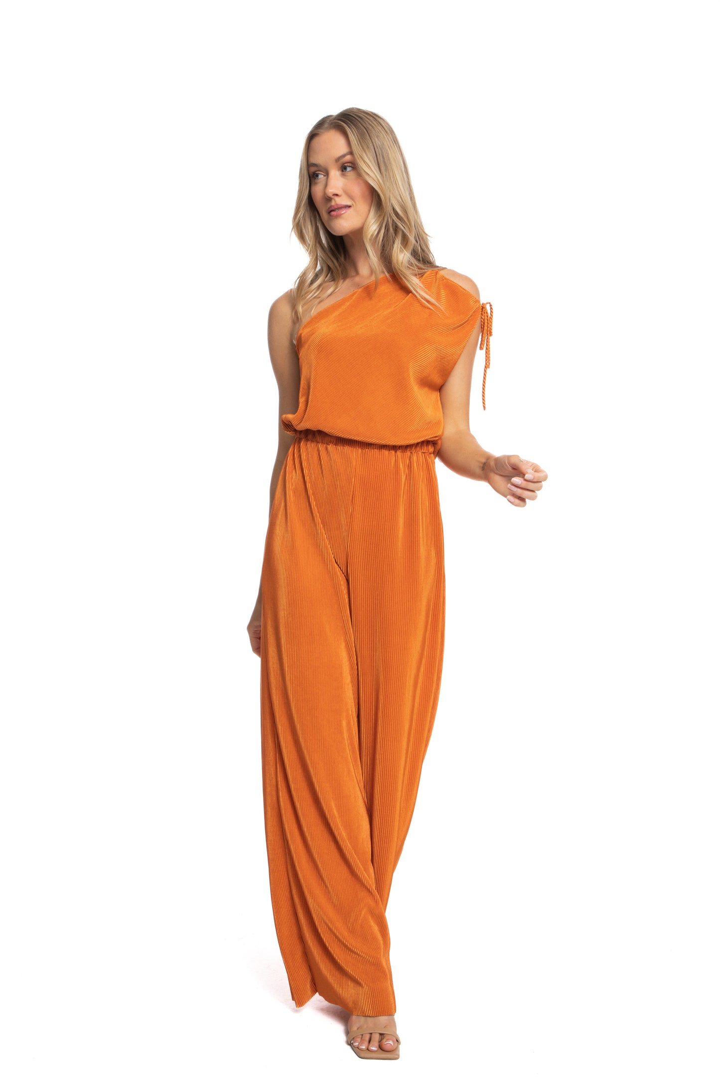 Zaria One Shoulder Drawstring Jumpsuit in Pleated Fabric