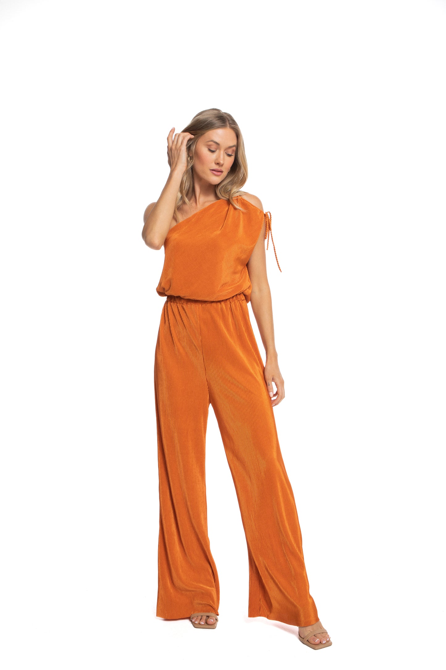 Zaria One Shoulder Drawstring Jumpsuit in Pleated Fabric