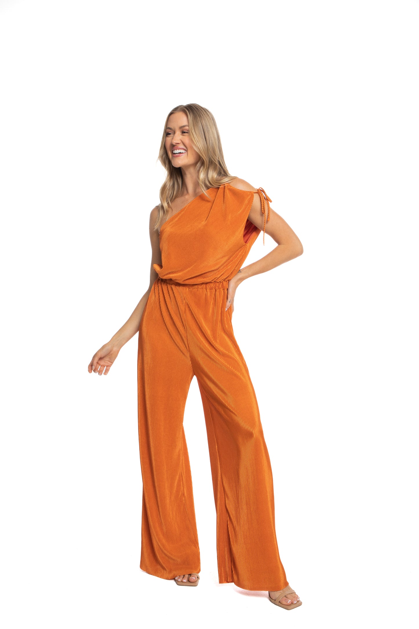 Zaria One Shoulder Drawstring Jumpsuit in Pleated Fabric