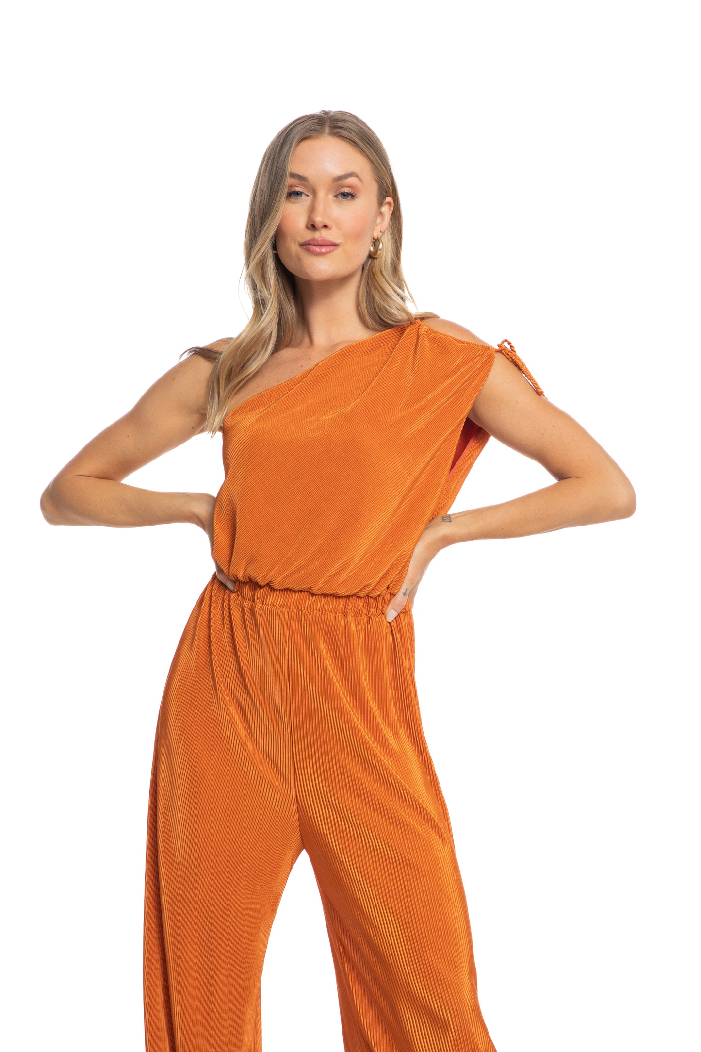 Zaria One Shoulder Drawstring Jumpsuit in Pleated Fabric