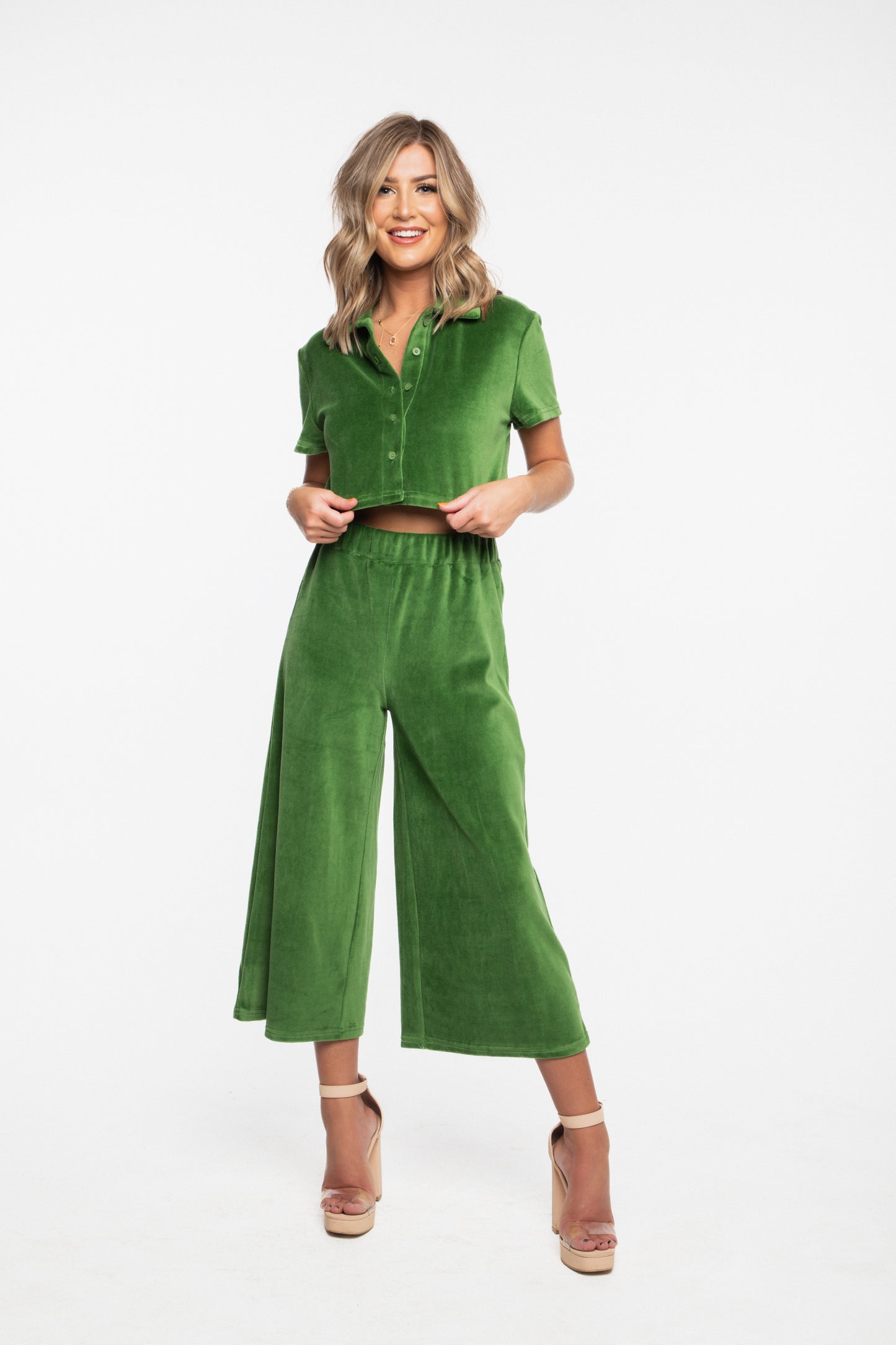 Emerald Button Down Crop & Pants Set