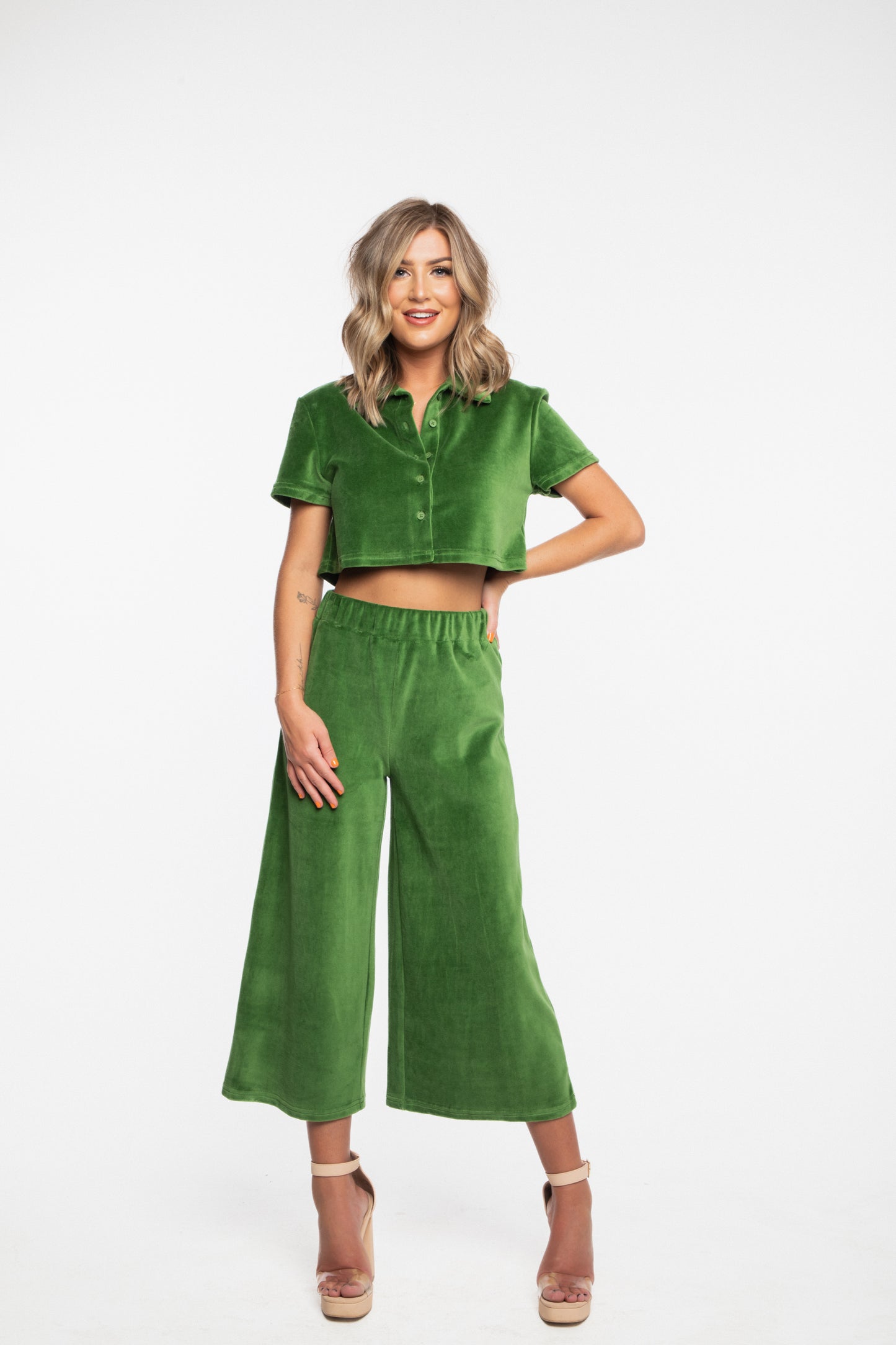 Emerald Button Down Crop & Pants Set