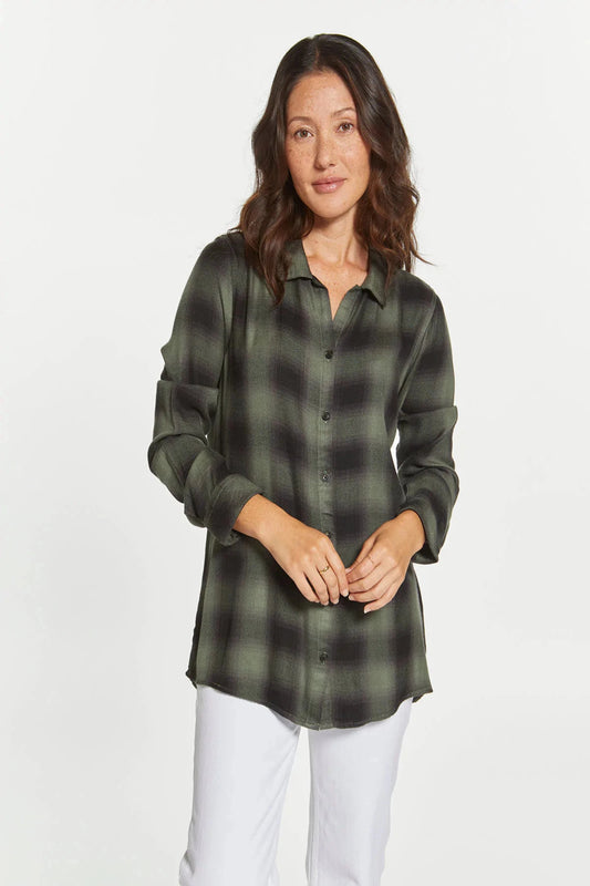 Pine Plaid Button Down Top