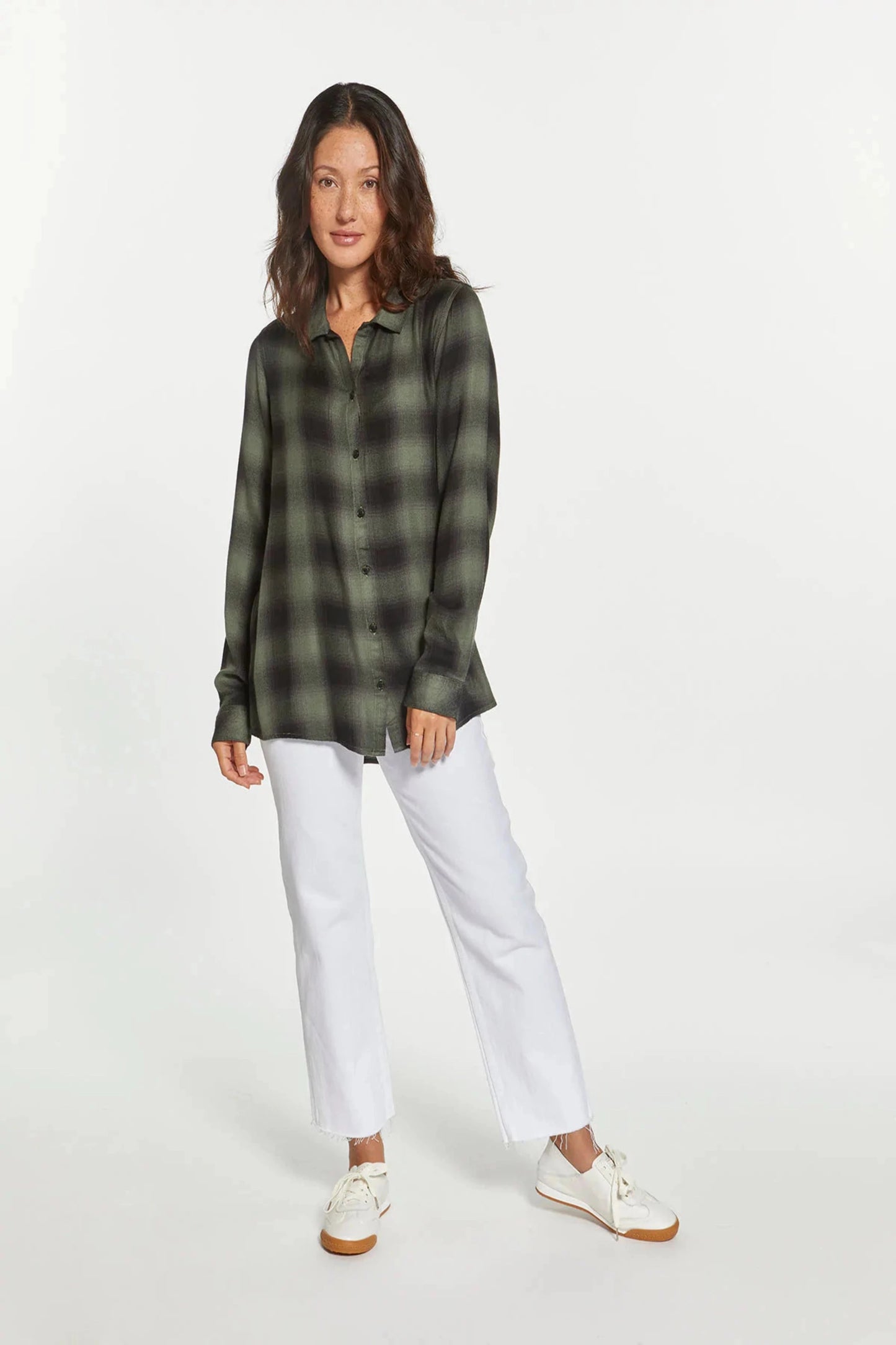 Pine Plaid Button Down Top